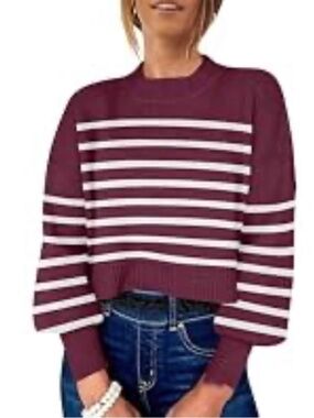 Anrabess Cropped Sweater Oversized Crewneck Burgundy/White Stripe Small Women